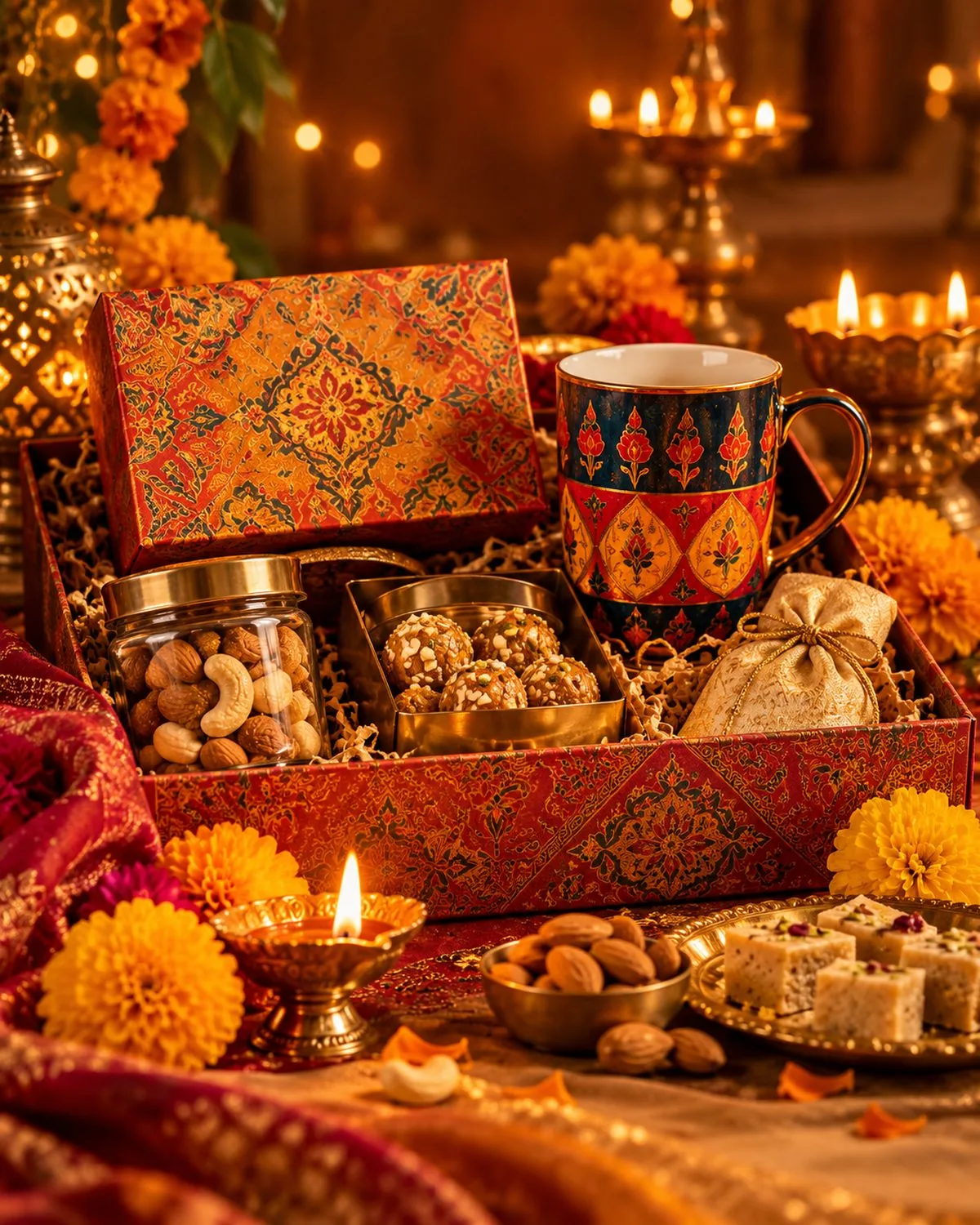A Diwali gift box with dry fruits, sweets and a painted mug among marigolds and lit diyas