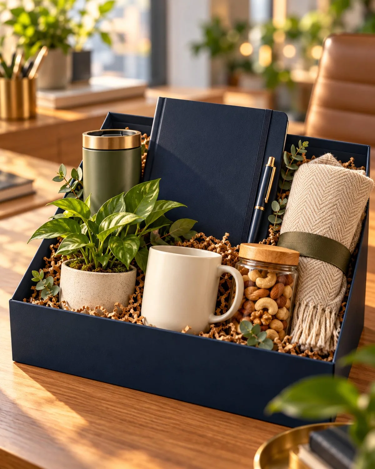 A navy joining kit with a notebook, a bottle, a mug and a small plant on an office desk