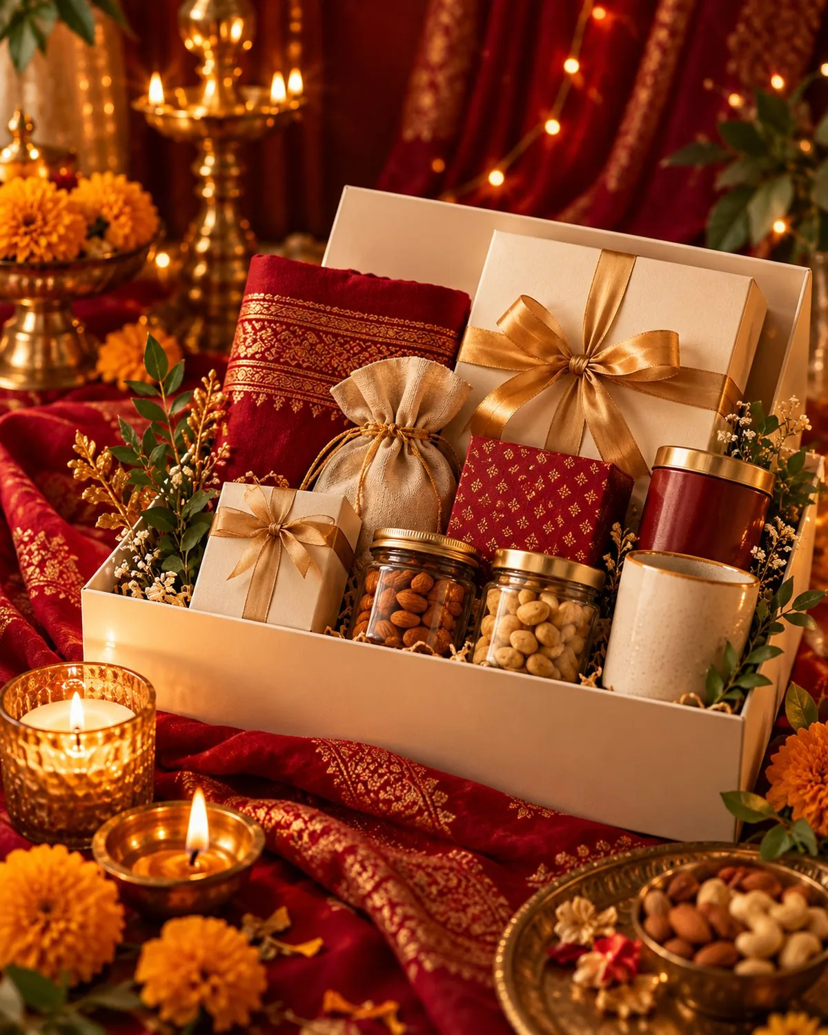 A festive hamper with dry fruits and ribboned gifts beside diyas and marigolds